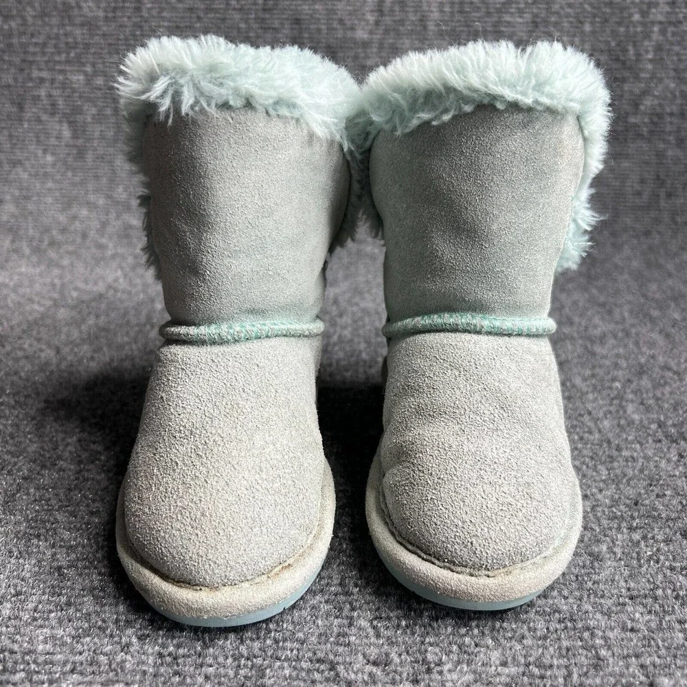 Bearpaw Boots Toddler 7 Mint Green Suede Leather Shearling Pull On Fur Trim